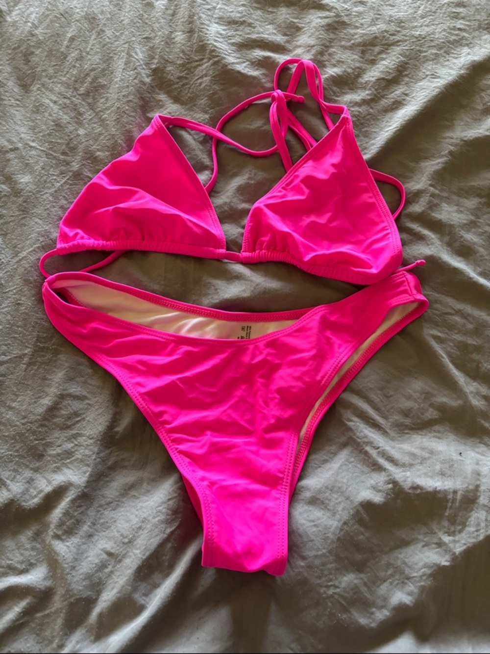 Neon Hot Pink Triangle String Bikini Set with Cover Up